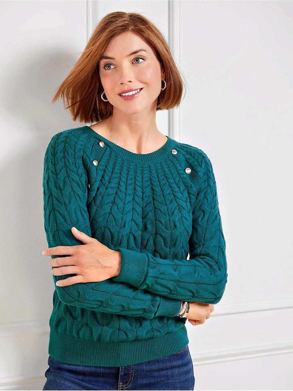 Talbots Teal Blue Button Raglan Cable Knit Sweater